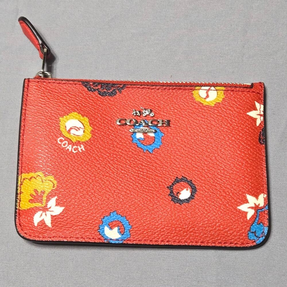 COACH Carmine Red Wild Prairie Floral Leather Coin Purse Key Ring Wallet Mini